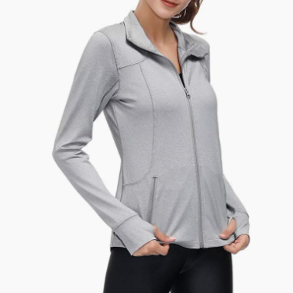 Mono B Jacket Zip Up Workout Long Sleeve Knit Stone GRAY SIZE LARGE NEW